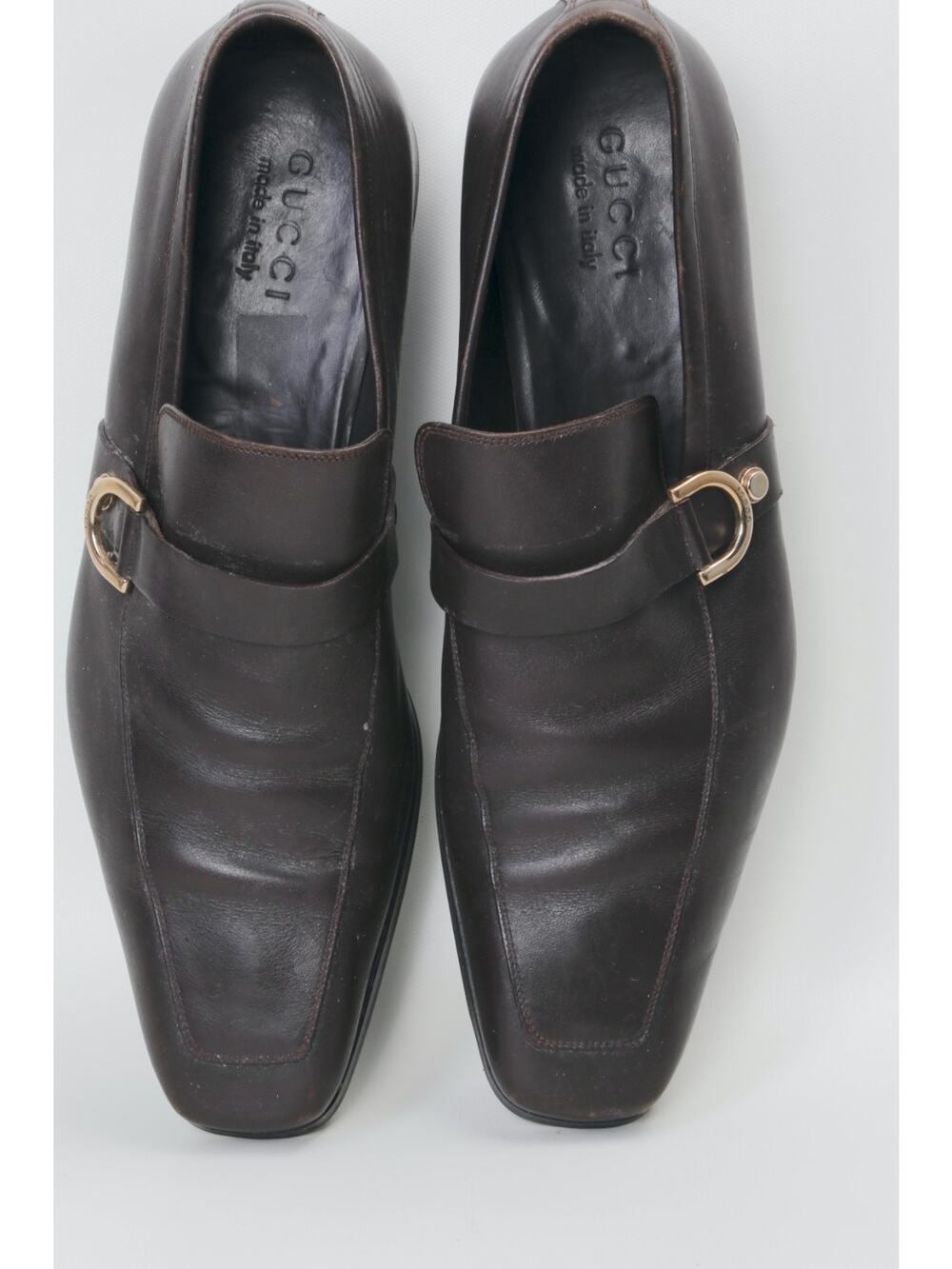 Vintage Gucci Loafers 42 E Men Dark Brown Leather Square Toe Buckle Dress Shoes